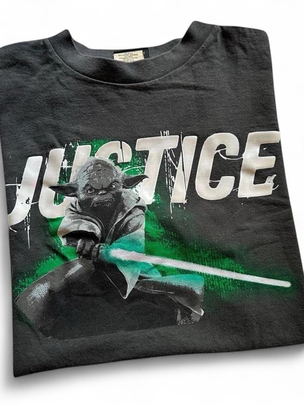 Vintage Star Wars Kids Yoda 'Justice' Graphic Tee - Black & Green XL